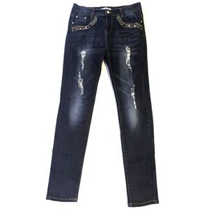 Le Lys Jeans Dark Wash Rhinestone Embellished Distressed Slim Fit Denim Size 44